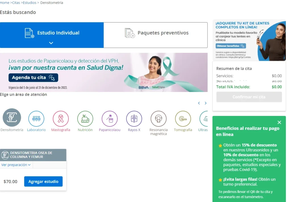 Y haz clic en el botón "Agregar estudio" y seguidamente en "Confirmar mi cita"